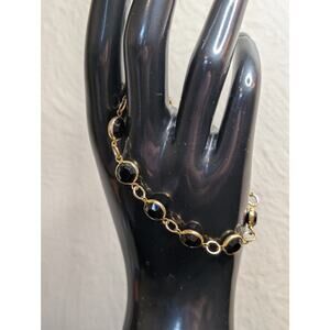 VTG Gold Tone Bezel Set Black Faceted Austrian Crystal Made in USA Bracelet